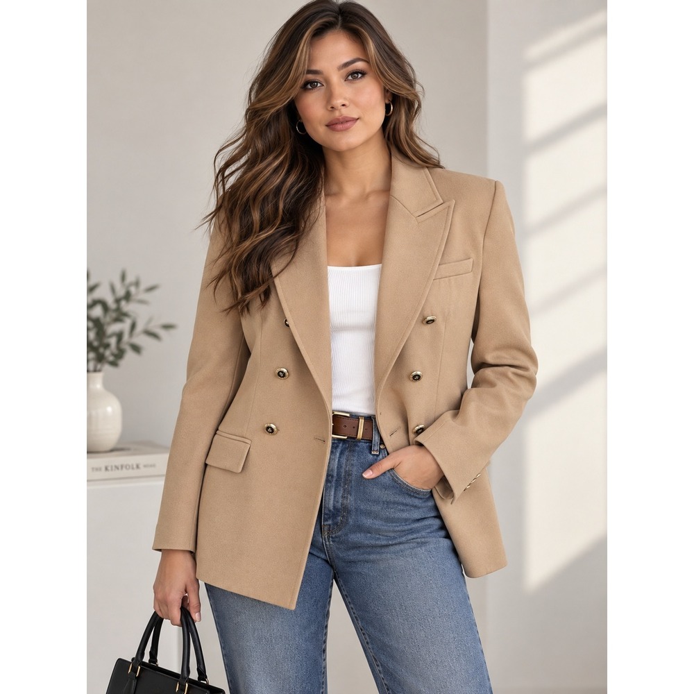Zara Blazer Tan Double Breasted Gold Crest Button Old Money Professional XS Work